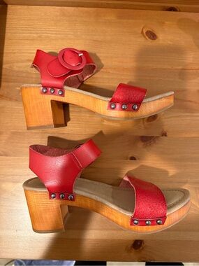 MIA Red Leather Wooden Block Heel Sandals with Stud Accents